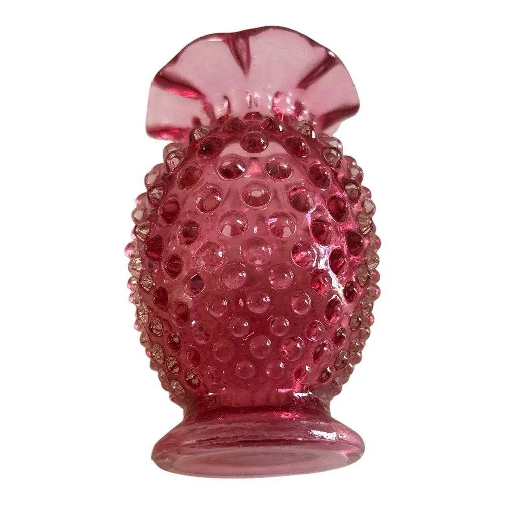 Vintage Fenton Cranberry Opalescent Hobnail Ruffled Mini Bud Vase pair 4